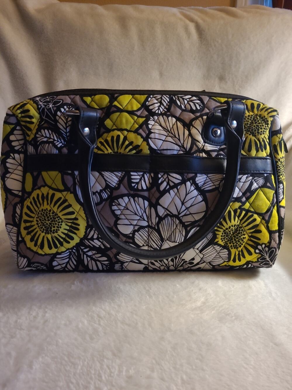 Vera Bradley Citron Floral Quilted Satchel Bag with Black Leather Handles